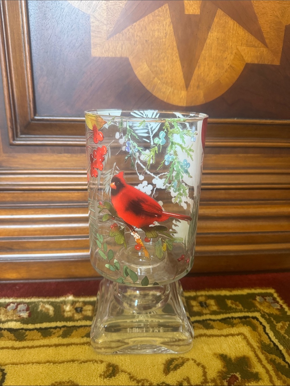 Hallmark Red Cardinal Glass Hurricane with Green Botanical Accents
